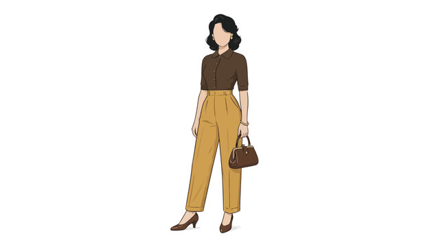 A stylish woman wearing a brown top and yellow trousers holding a handbag.