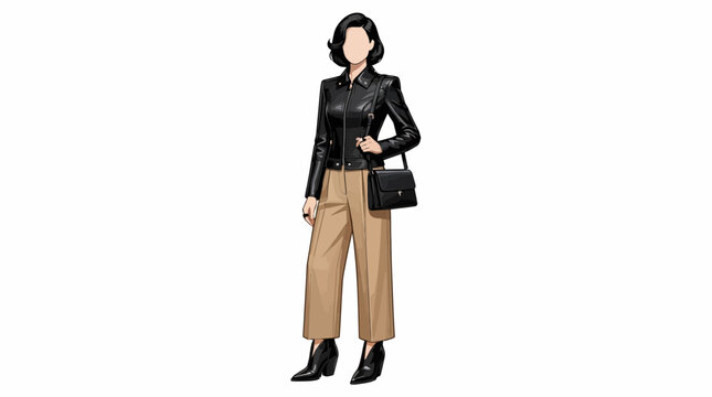 A stylish woman wearing a black leather jacket and tan trousers.
