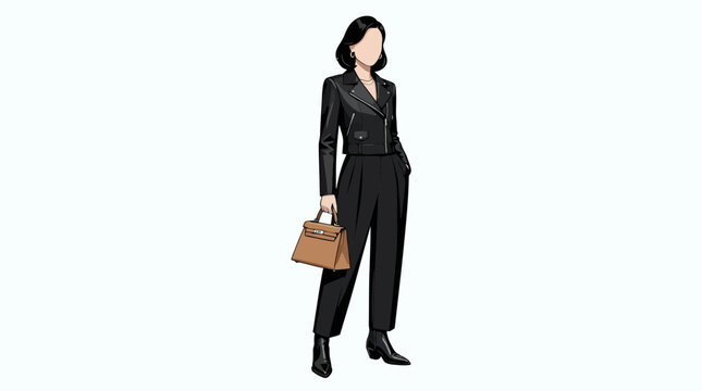 A stylish woman wearing a black leather jacket and trousers holding a brown handbag.