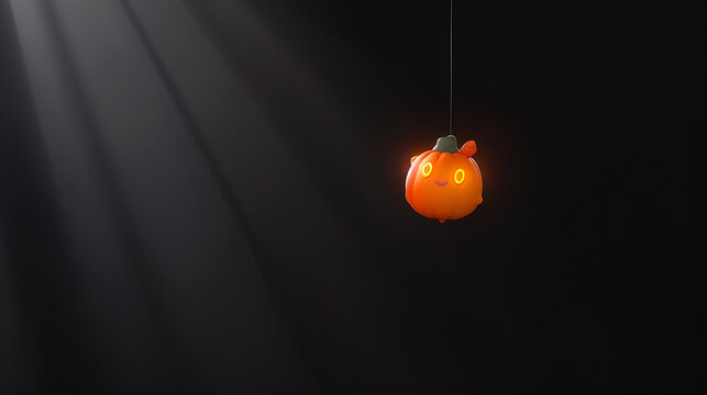 Playful 3D glowing pumpkin toy under light beams with deep dark copy space for children Halloween game ads and digital event teasers