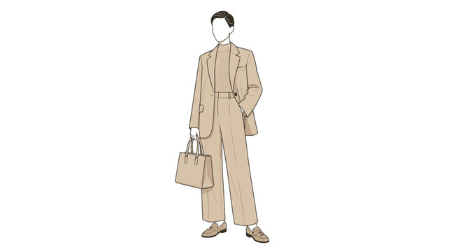 A stylish man dressed in a beige suit holding a leather handbag.