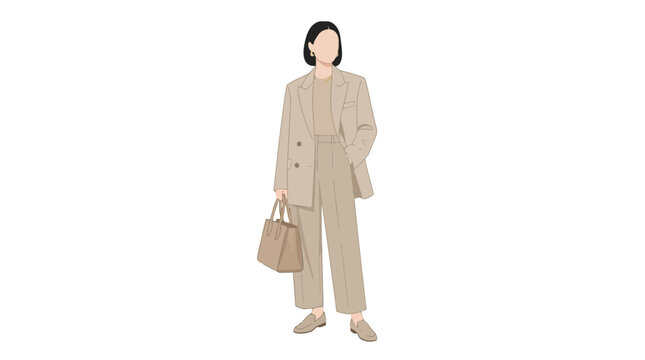 A stylish woman in a beige monochromatic suit holding a handbag.