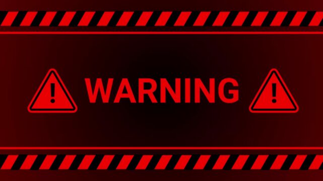 Warning sign animated glowing red caution border with flashing warning text and triangle icons 4k dark red background
