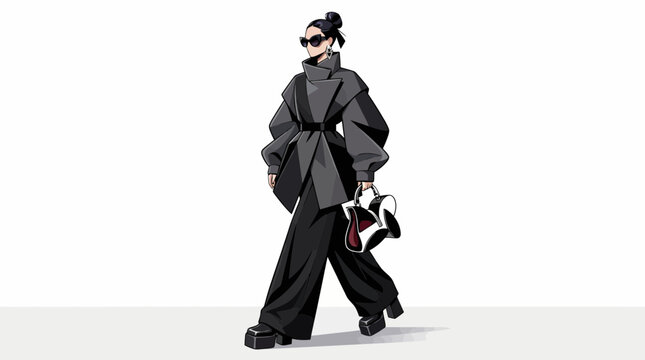 Fashion illustration of a stylish woman walking in a dark oversized coat and wide leg trousers.