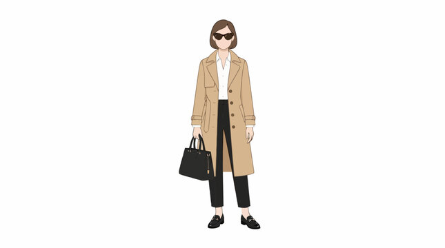 A stylish woman wearing a beige trench coat and black trousers with a handbag.