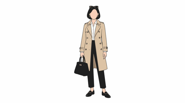 A stylish woman wearing a classic beige trench coat and black trousers.