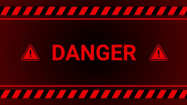 Danger sign animated glowing red caution border with flashing danger text and triangle icons 4k dark red background