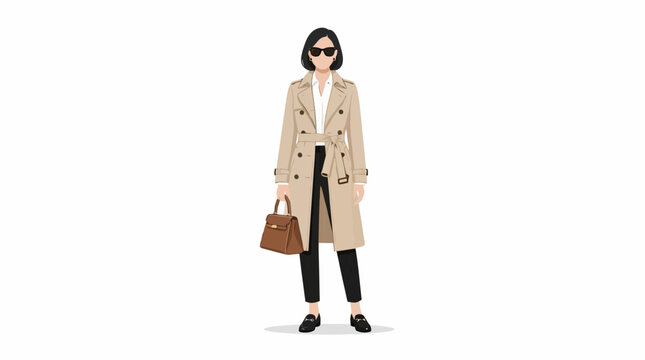 A stylish woman wearing a trench coat and sunglasses holding a handbag.