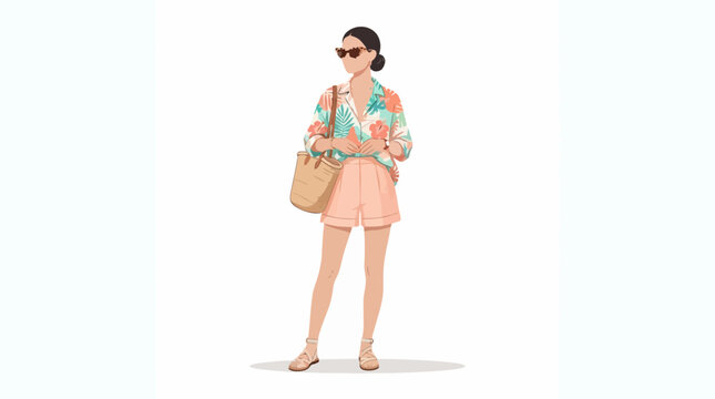 A stylish woman wearing a floral shirt and shorts holding a straw bag.