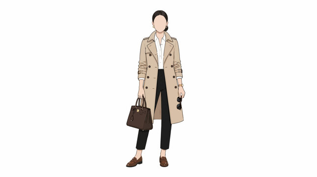 A stylish woman wearing a classic beige trench coat and black trousers.