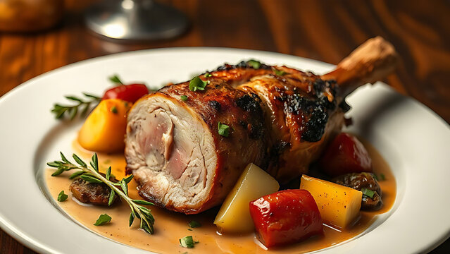 Roasted pork loin served with seasonal vegetables on a white plate, captured from above.