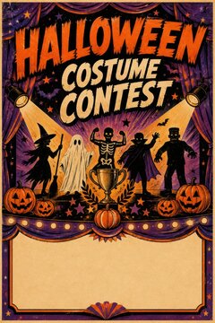Halloween costume contest poster with spooky characters and pumpkins