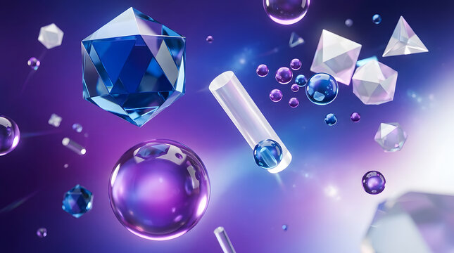 Floating abstract 3d shapes including blue purple spheres and crystal geometric objects on soft light background.