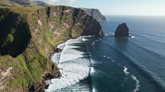 Aerial view of dramatic rugged coastal cliffs covered in green vegetation with powerful ocean waves breaking against the shore and a prominent sea stack showcasing remote natural beauty