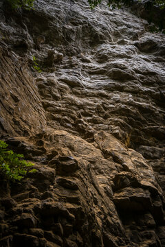 View of the rugged limestone rock face at Reserve speciale d'Ankarana with textured stone surfaces and patches of green vegetation in Diana, Madagascar.