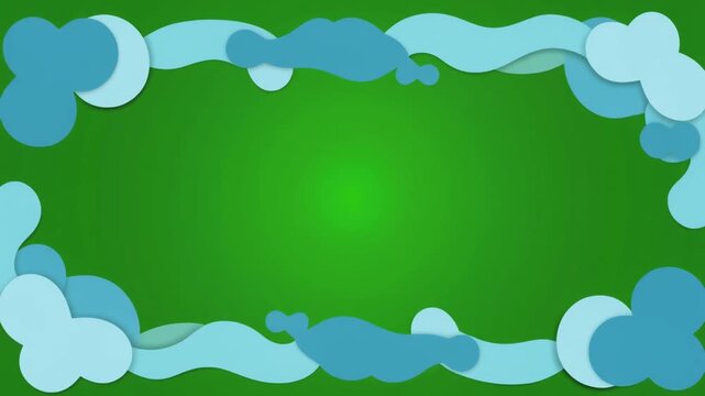 Cartoon clouds border on green background, animated paper cut style frame, decorative sky elements, loopable presentation template