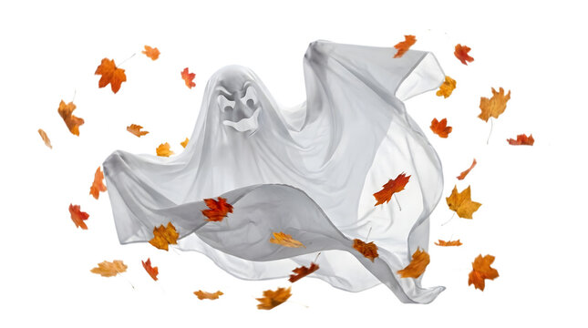 Sheet ghost flying through falling orange autumn leaves.