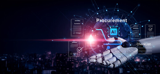 Obraz premium A robotic hand interacts with virtual elements representing artificial intelligence in procurement. The image depicts modern technology in business, showcasing innovation and efficiency. Cyphers