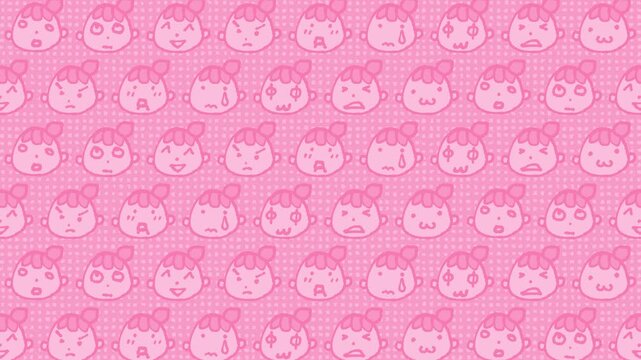 絵文字風の女の子のイラストパターン背景（ピンク）