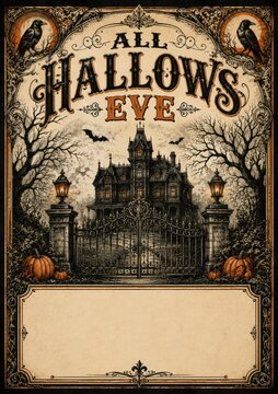 Vintage Halloween poster with haunted mansion and All Hallows Eve text