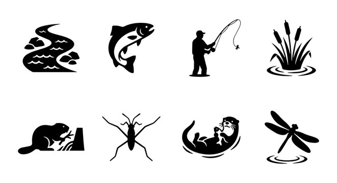 Fishing Icons Set: River, Salmon, Angler, Reeds, Beaver, Water Strider, Otter, Dragonfly