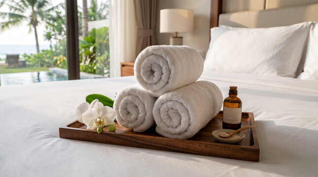 Rolled white towels and wellness products on a bed in a tropical seaside villa.