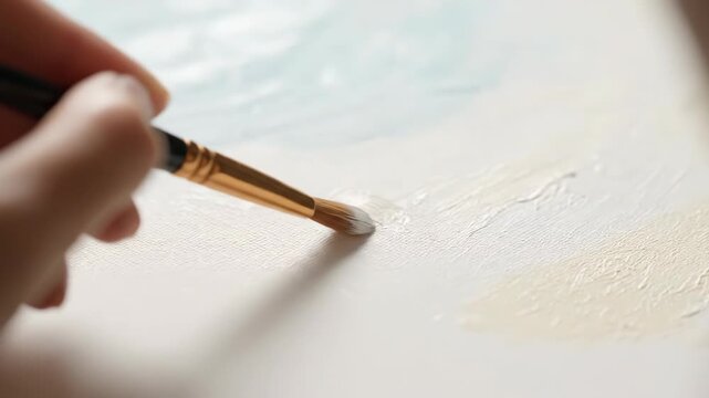 Close-up of a hand holding a paintbrush and creating art on a canvas with light pastel colors and a soft focus background suggesting creativity and hobby.