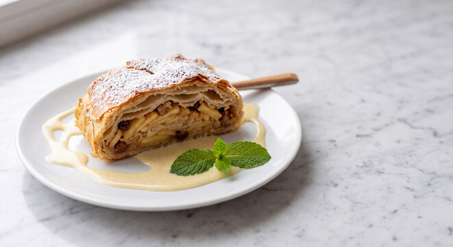 Slice of traditional Austrian Apfelstrudel apple pastry with vanilla sauce and powdered sugar on marble table