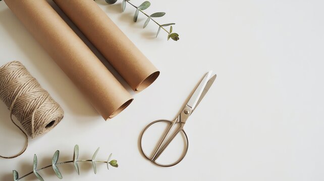 Minimalist flat lay of brown craft paper rolls jute twine scissors and eucalyptus on white