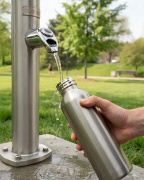 Person filling reusable stainless steel water bottle at modern public drinking fountain station in park