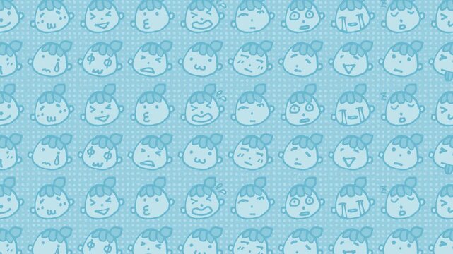 絵文字風の女の子のイラストパターン背景（ブルー）
