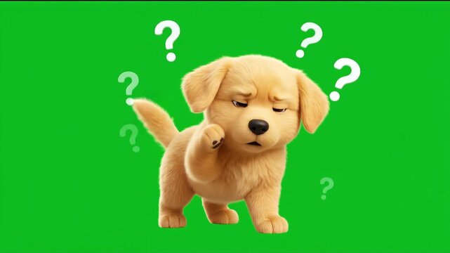 Animated cute golden retriever puppy looking confused with question marks on green screen.