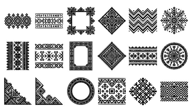 Ethnic Geometric Ornament Vector Set with Slavic Nordic Folk Patterns Borders and Embroidery