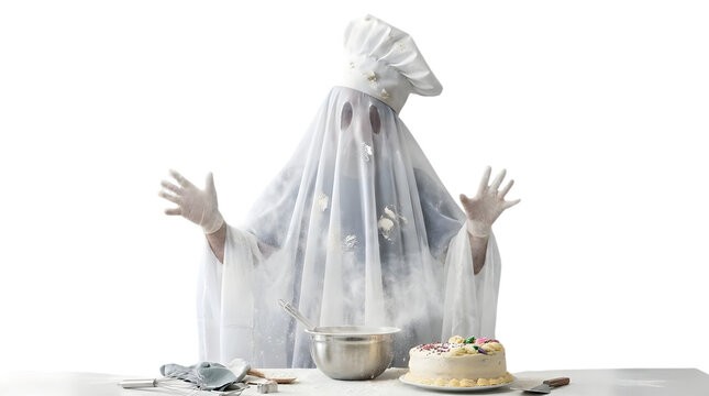Person in ghost sheet costume cooking cake.