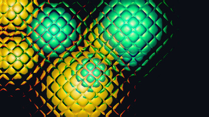 Futuristic reeded glass surface abstract background with glowing spheres in yellow and green colors, digital art design with spherical shapes and chromatic aberration effect 3d render for graphics  © Supernova