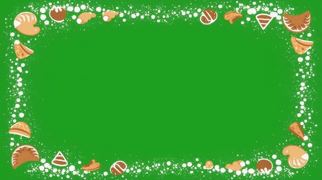Baking and pastry border on green screen background, hand-drawn illustration frame of croissants and bread, chroma key video clip