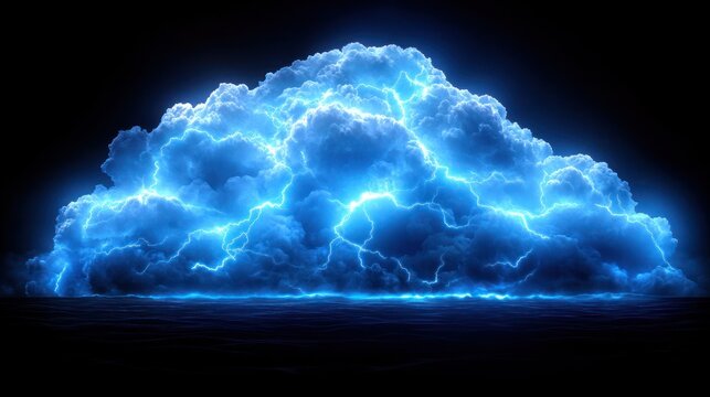 A giant glowing thundercloud crackling with bright blue lightning over dark water