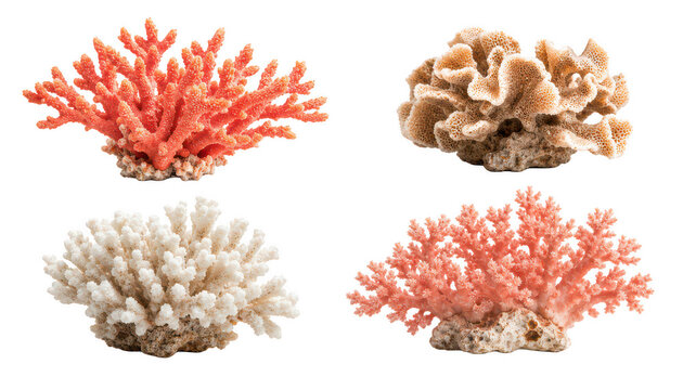 Collection of four natural ocean coral reef specimens including red, white, beige, and pink coral isolated on transparent background.