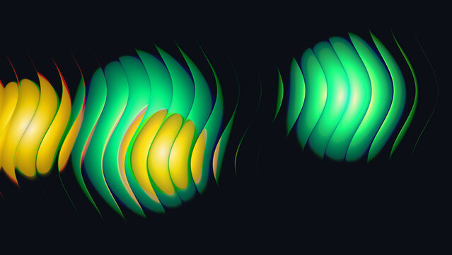 Futuristic reeded glass surface abstract digital art featuring glowing yellow and green spherical shapes with layered, wavelike patterns on a dark background 3d render