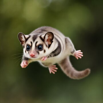 Sugar glider leaping mid-air with legs outstretched against a soft green background