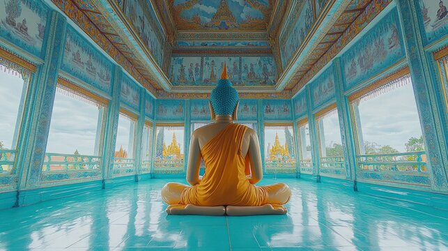 A blue-haired Buddha statue sits in orange robes inside a vibrant teal temple