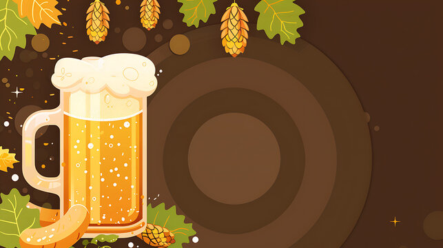 Oktoberfest beer mug visual with hops and massive right layered copy space designed for craft brewery launch banners and tasting event menu covers