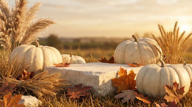 Stone Product Podium Surrounded by White Pumpkins Dried Wheat and Autumn Leaves at Sunset