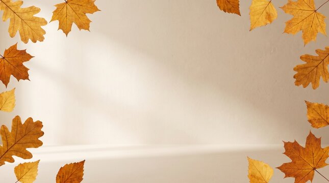 Autumn Leaves Frame Border on Beige Background with Copy Space for Product Display