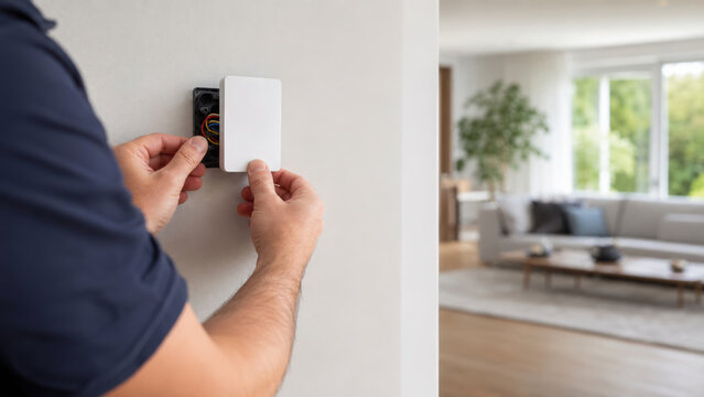 Technician staff performing activity installing wall switch in modern living room with natural light and comfortable atmosphere