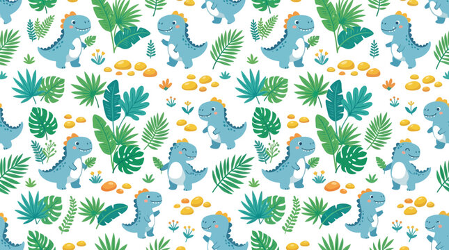 Cute blue dinosaur pattern on white background