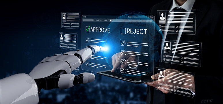 Robotic Hand Interacting with Digital Interface for Approval and Rejection of Applications in a Futuristic Setting. Bitwise.