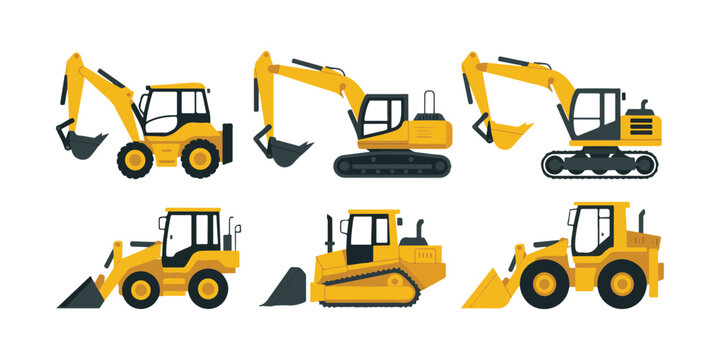 Flat design yellow construction machines collection with backhoe loader tracked excavator and bulldozer set.