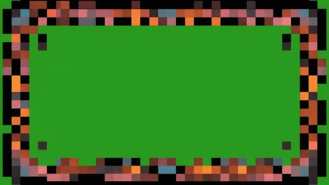 Retro pixel art frame animation on green screen, colorful mosaic border effect, looping overlay background