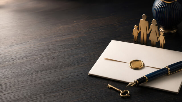 Wealth management slides concept with envelope, pen, key and family silhouette on dark wooden table, symbolizing legacy and planning